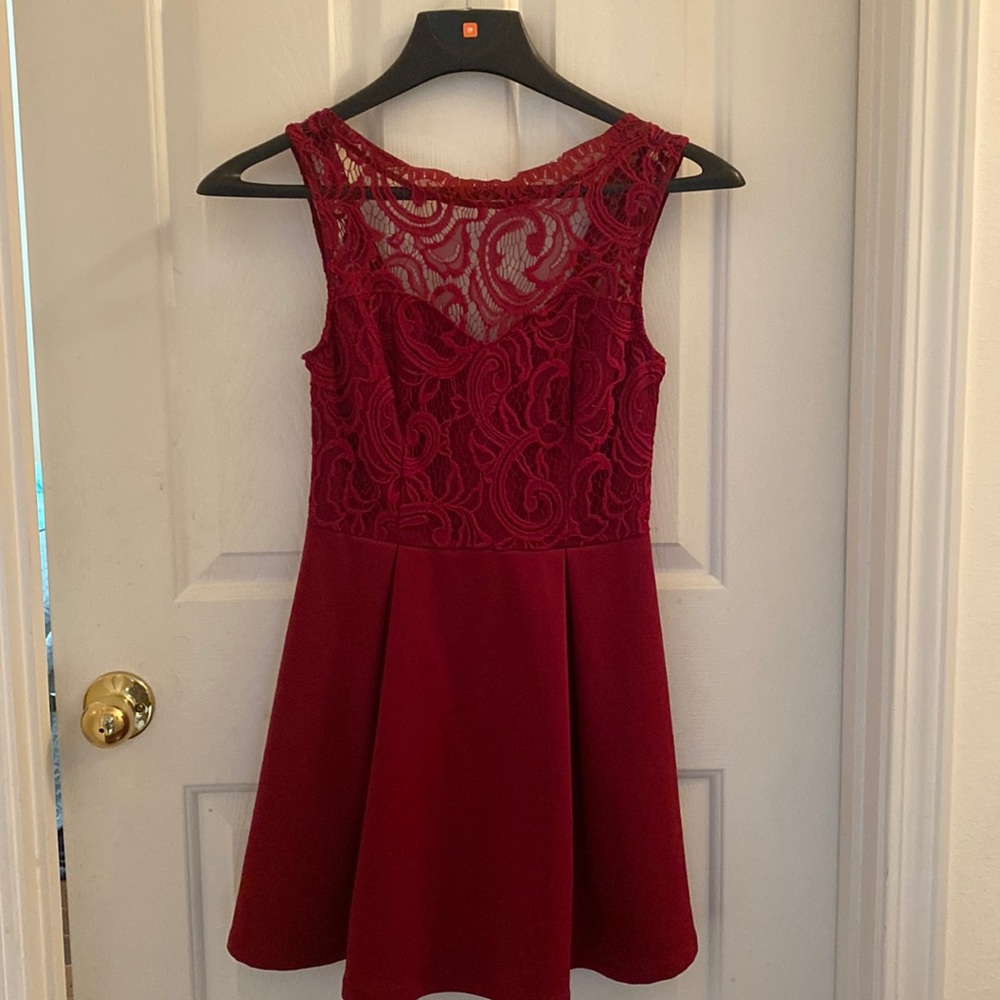 Burgundy Smock Neck Lace Dress